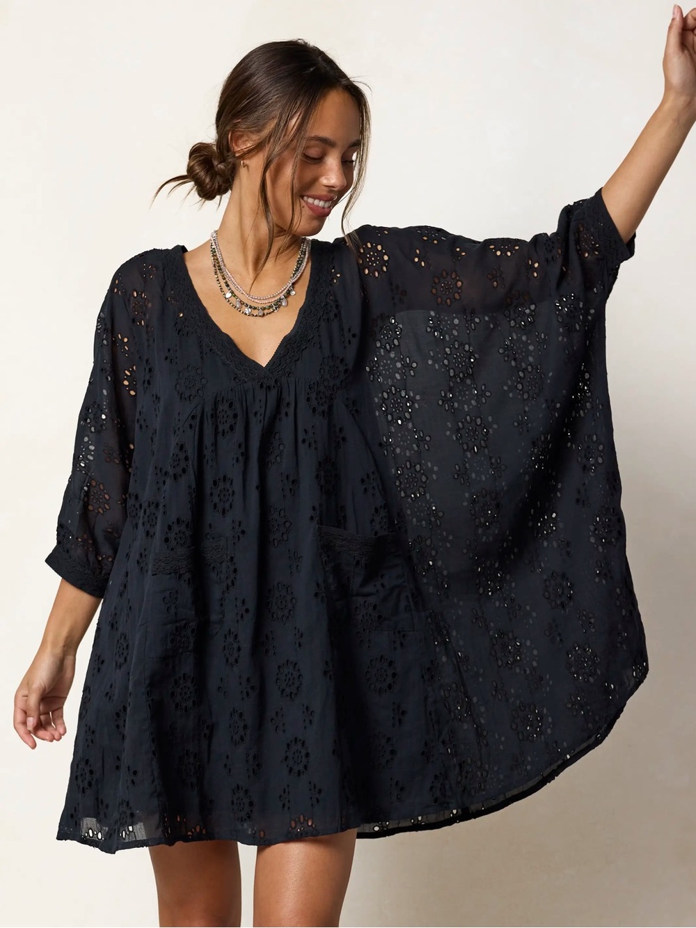 Natural Life Mia Cotton Eyelet Dress XS/S Oversized Vneck Coverup Boho Free